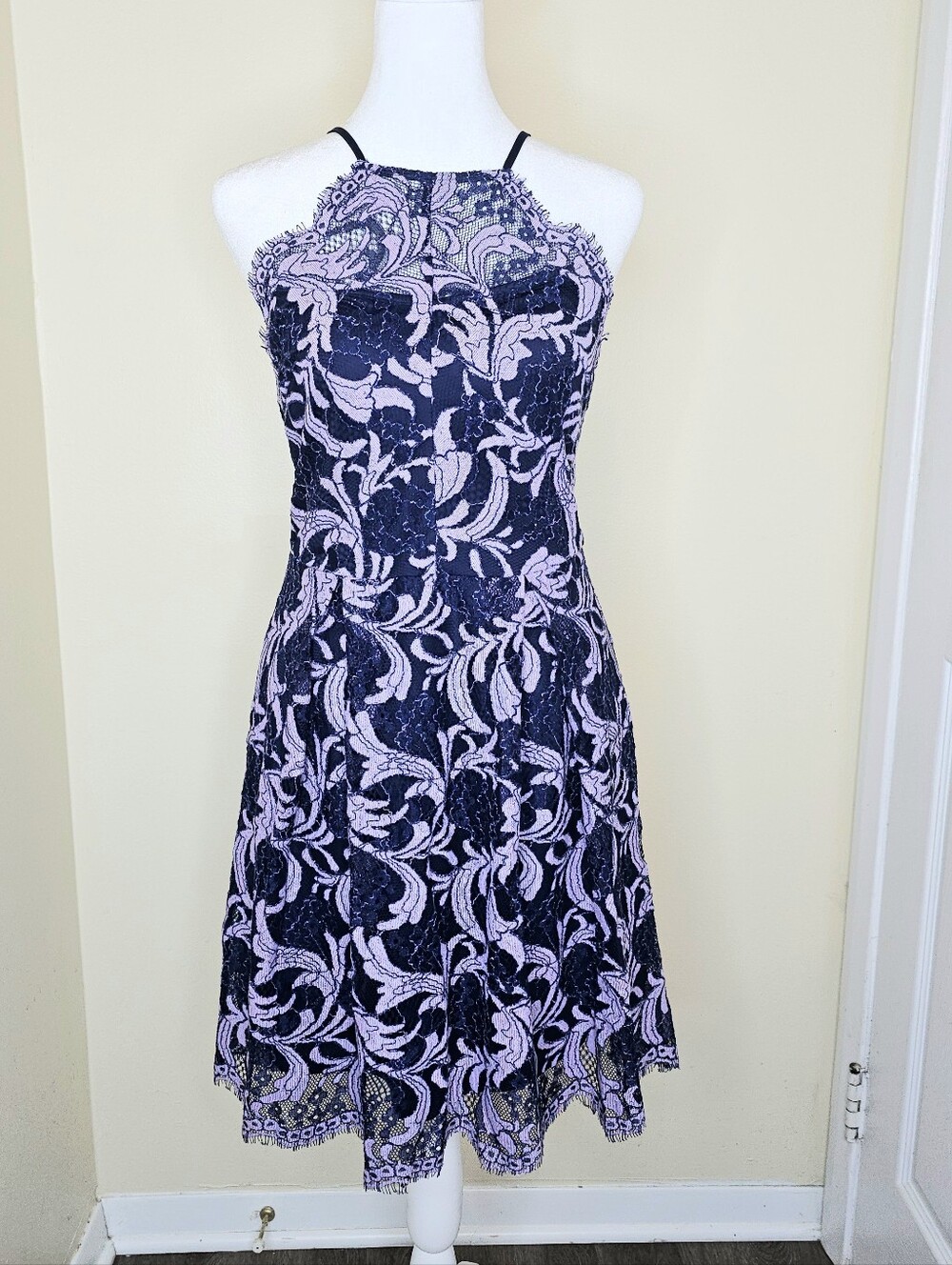 NWT FRANCESCA’S Women’s Navy Lavender Lace Floral Cocktail Dress Small